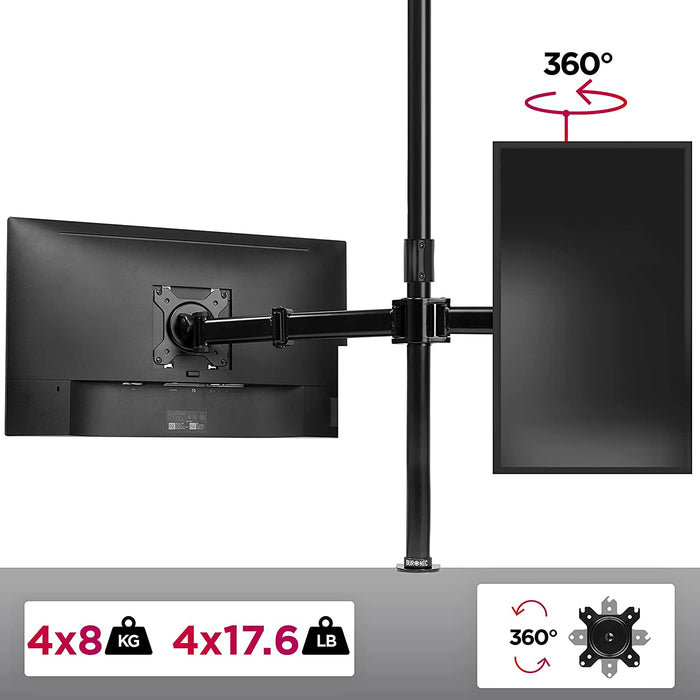 Duronic DMT254 BK Brazo para Monitor para 4 Pantallas de 13" a 32" de hasta 8kg | 4 Brazos Extensible hasta 33 cm Cada | Altura 100 cm |Cabezal VESA 75 y 100 Ajustable Giratorio Inclinable