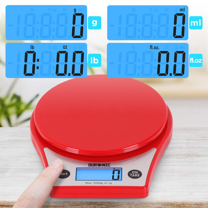 DURONIC KS7000 Báscula de cocina de precisión digital| Pantalla LCD grande |Peso máx. 5 kg | Bol desmontable de 2L y Función tara | Pilas incluidas | Balanza de cocina Pesa Alimentos Liquidos Joyas