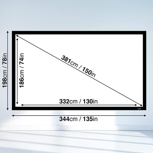 Duronic FFPS150 Pantalla para proyector con Marco para Instalación Fija | 150" y Dimensiones de 352 x 187 cm | Formato 16:9 4K Full HD 3D | Doble Tela y Parte Trasera en Negro | Ganancia +1