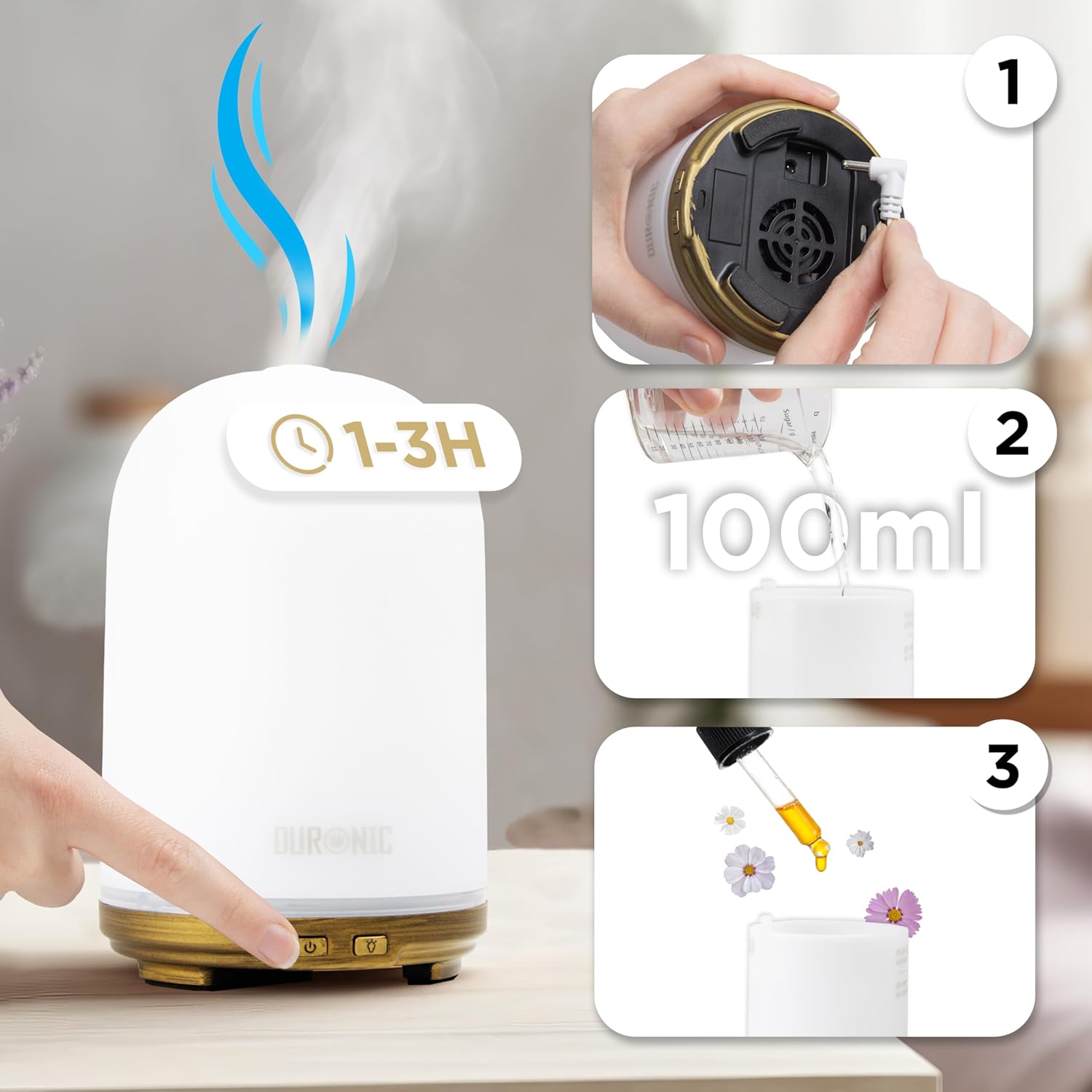 Duronic AD11 Difusor Aromas USB portátil, Brumizador aceites Esenciales, Purificador Aire Natural, Humidificador aromaterapia. Hogar Bienestar Relajación Descanso Perfume