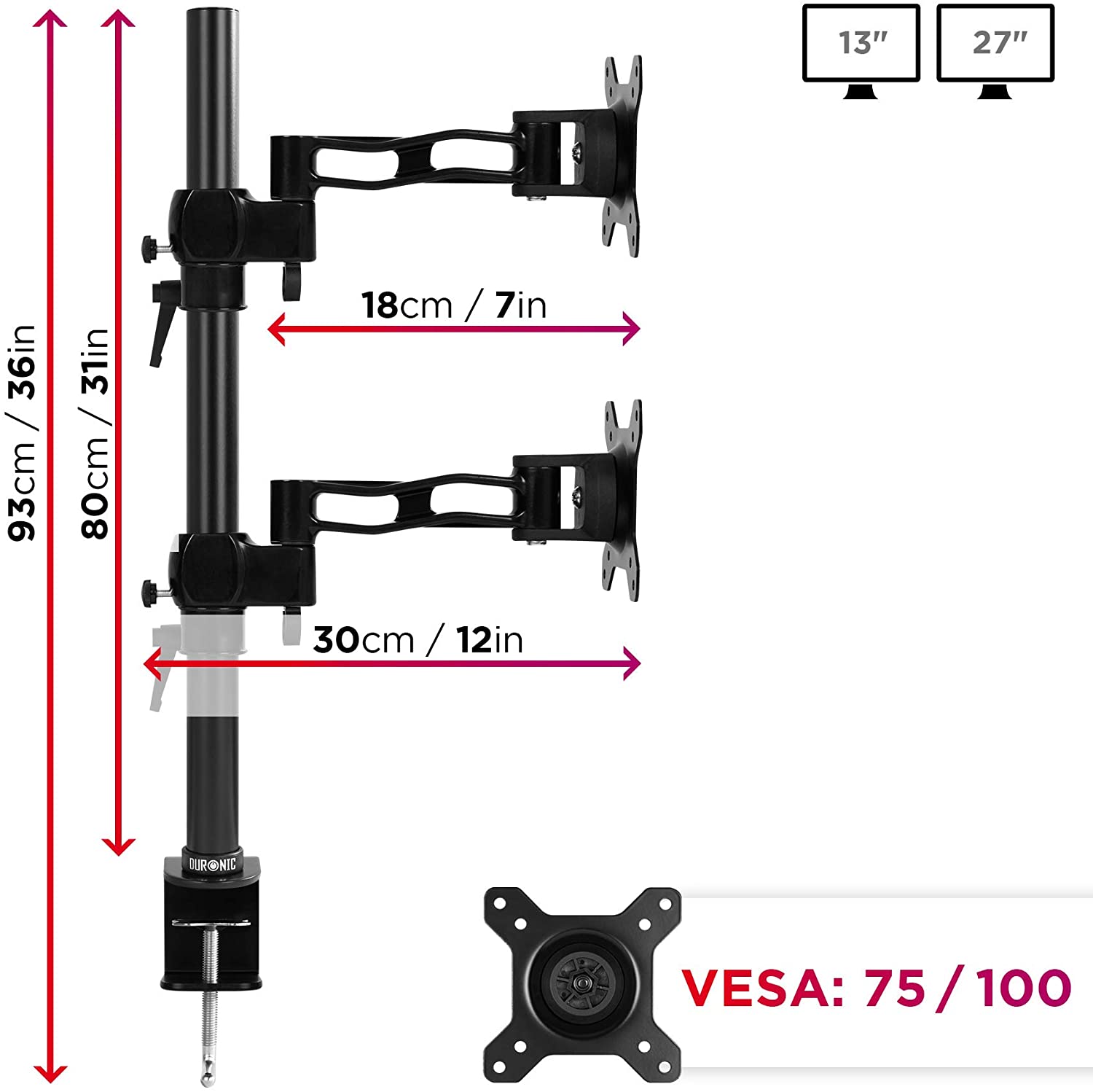 Duronic DM35V2X2 BK Brazo para Monitor para 2 Pantallas de 13 a 27