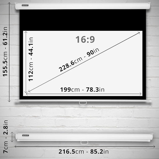 Duronic MPS90 16/9 WE Pantalla de proyección de TV y cine en casa de 90 pulgadas 230 cm | 199 x 112 cm | Montaje en pared o techo | Desenrollado manual | Ganancia +1 ideal para 3D 8K 4K 1080P