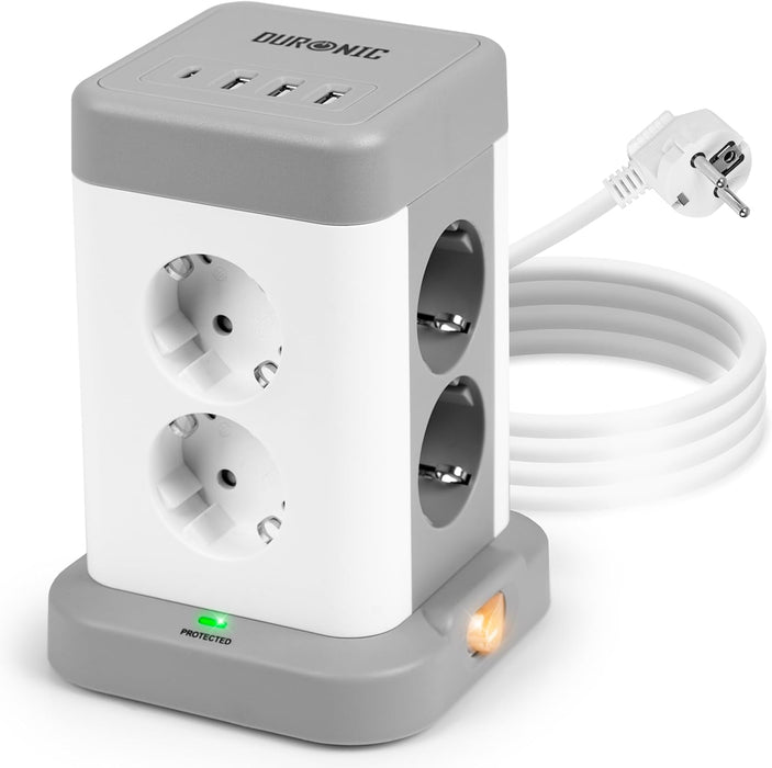 Duronic ET8C Regleta enchufes múltiple | Cubo de alimentación con 3 puertos USB A y 1 puerto USB C (3A) | Enchufe de 8 tomas 3680W 16A | Regleta con protección contra sobretensiones | Cable de 1,8 m