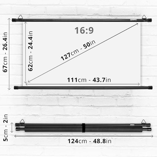 Duronic BPS50 Pantalla de Proyector 50" HD 16:9, 127cm, Ligera y Montable, Ideal para Cine en Casa y Oficina | Compatible con 4K UHD, Full HD 1080P 3D | Dimensiones 111 x 62 cm