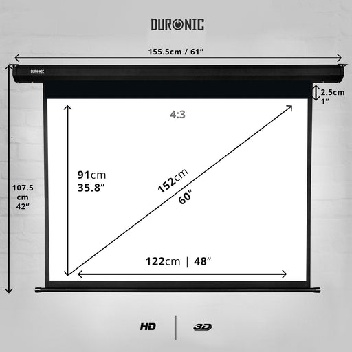 Duronic EPS60 43 Pantalla para Proyector Motorizada 60" 122 cm X 91 cm Formato 4:3 Full HD y 3D | Pantalla para Proyector Enrollable de Alta Definición con Fijación de Pared y Techo