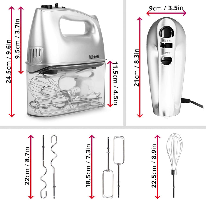 Duronic HM4 SR Batidora de Varillas, Batidora Amasadora Repostería 400W, 5 Velocidades. 2 Varillas Batidoras, 2 Ganchos, 1 Varilla Globo - Acero Inoxidable Grado Alimenticio - BPA Free - Color Plata