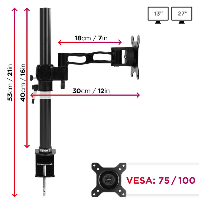 Duronic DM351X2 BK Brazo para Monitor de 13" a 27" | 10 kg máx por pantalla | 2 Brazos Extensibles VESA 75 y 100 Movimiento Lateral 180° | Altura Ajustable y Cabezal Giratorio 360° e Inclinable ± 15°