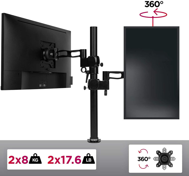 Duronic DM35V2X2 BK Brazo para Monitor para 2 Pantallas de 13 a 27" y 8 kg cada monitor | Altura ajustable 80cm y Brazos extensibles de 18cm cada | Cabezal VESA 75 y 100 Giratorio e Inclinable ±15°