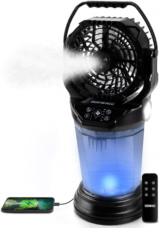 Duronic FM6 Ventilador Nebulizador Portátil Recargable USB-C Depósito 2 L, 4 velocidades, oscilación 90°, temporizador 2/4/8 h, mando a distancia, luz LED y linterna, caudal 1400 m³/h, 15 W