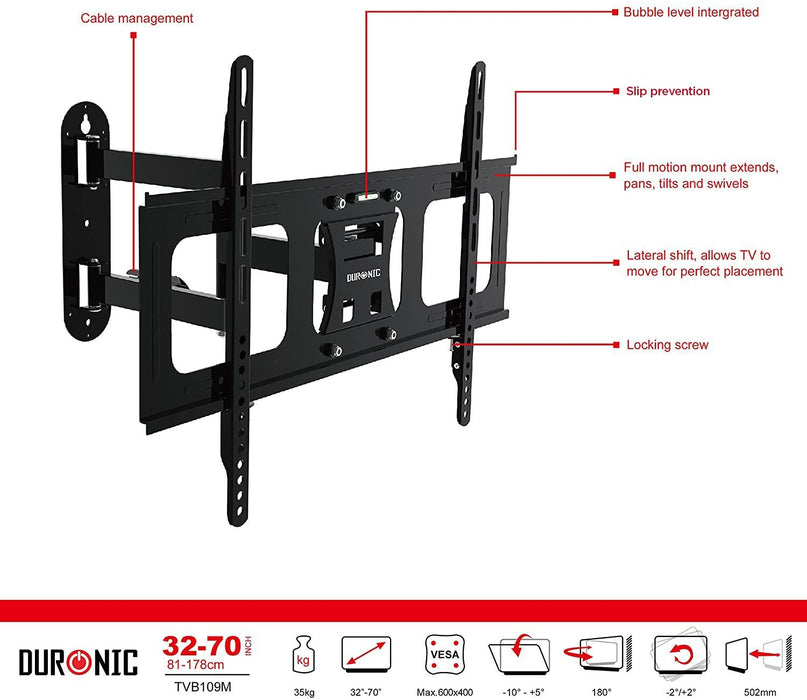 Duronic TVB109M Soporte de pared para TV de 32 a 60" |Máx VESA 400 y 600 | Hasta 35 kg de Peso y Gestión de Cables | Articulado Inclinable y Giratorio |Tornillos incluidos | Para TV Plasma Pantallas