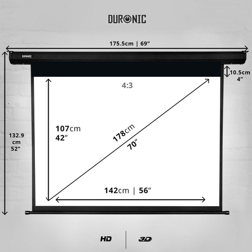 Duronic EPS70 43 Pantalla para Proyector 70 142 cm X 107 cm Motorizada Formato 4:3 Full HD y 3D | Pantalla para Proyector Enrollable de Alta Definición con Fijación de Pared y Techo