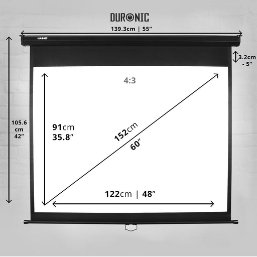 Duronic MPS60 43 Pantalla para Proyector Enrollable Manual 60 | Formato 4:3 | Instalación en techo y pared | Full HD y 3D Antiarrugas