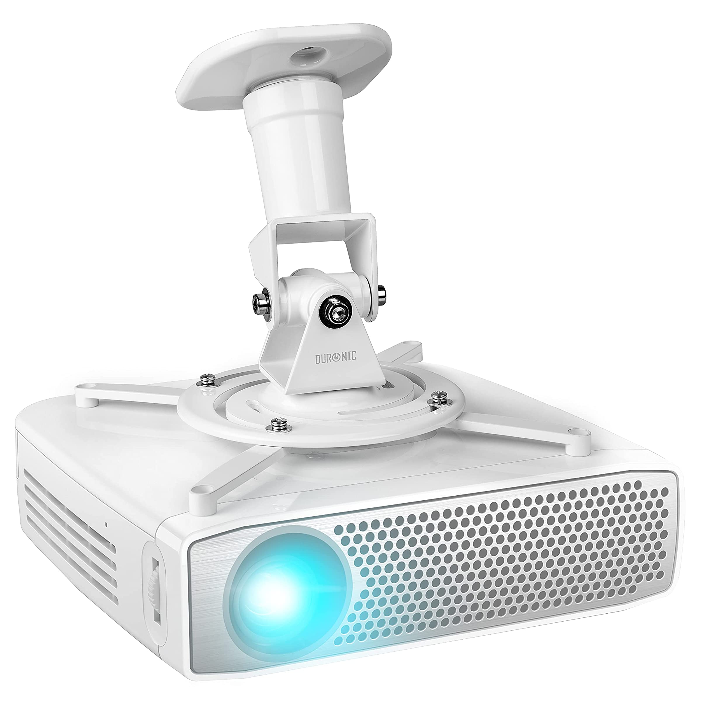 Duronic PB07XB Soporte para Proyector de Techo y Pared, Universal | Mostrando el soporte para proyector en color blanco instalado en un proyector digital también blanco, con su base de montaje superior, brazo articulado con ajuste de inclinación y brazos de sujeción ajustados al dispositivo