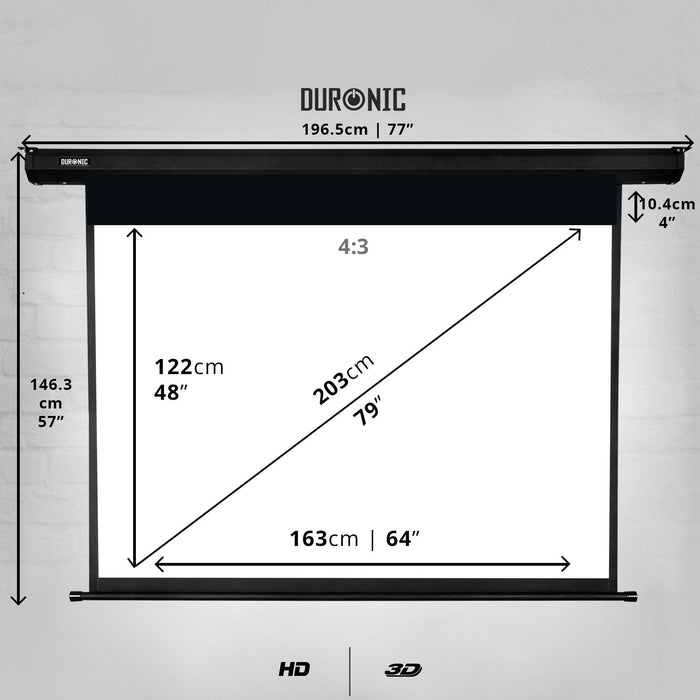 Duronic EPS80 43 Pantalla para proyector plegable 80 | Fijación de Pared y Techo Formato 4:3 | Full HD y 3D Alta Definición| Barra de peso Antiarrugas | Mando a distancia