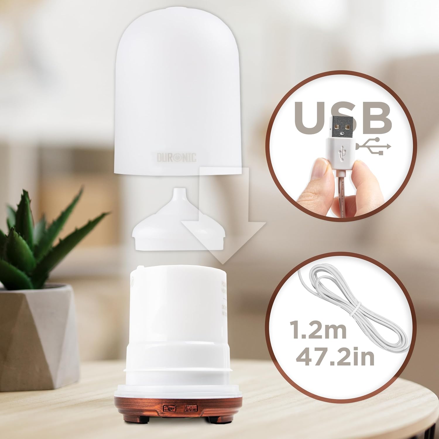 Duronic AD12 Difusor Aromas USB portátil, Brumizador aceites Esenciales, Purificador Aire Natural, Humidificador aromaterapia. Hogar Bienestar Relajación Descanso Perfume