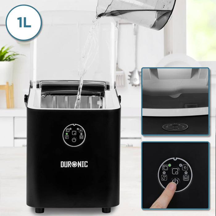 Duronic ICM12 BK Máquina de hielo automática 120W | 8 cubitos en 6 a 8 minutos | Cesta de 1 litro y pala de hielo | Depósito de 1 litro | Hielo para bebidas frías cócteles fiestas