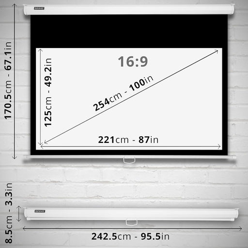 Duronic MPS100 16/9 WE Pantalla de proyección de TV y cine en casa 100 pulgadas 254 cm | 221 x 125 cm | Montaje en pared o techo | Desenrollado manual | Ganancia +1 ideal para 3D 8K 4K 1080P