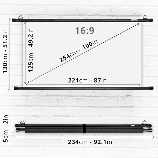 Duronic BPS100 16/9 Pantalla de Proyector 100" HD 16:9 254 cm | Ligera y Montable Ideal para Cine en Casa y Oficina | Compatible con 4K UHD, Full HD 1080P 3D | Dimensiones 221 x 125 cm