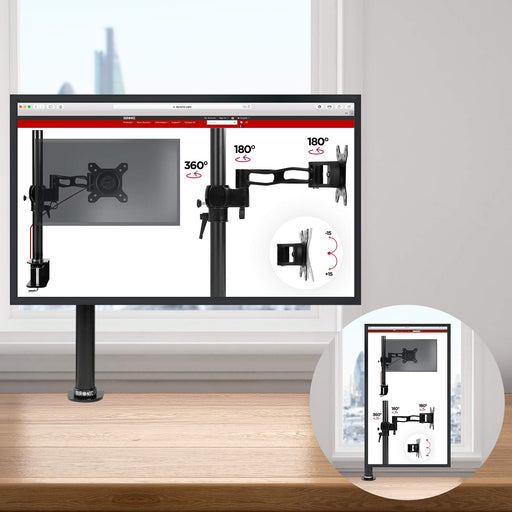 Duronic DM251X2 BK Brazo para Monitor de 13" a 27" de 8 Kg máx | Altura de 40cm Ajustable |Cabezal VESA 75 y 100 Giratorio e Inclinable -90°+35° | Brazo extensible 19cm | Soporte Ordenador TV LED LCD