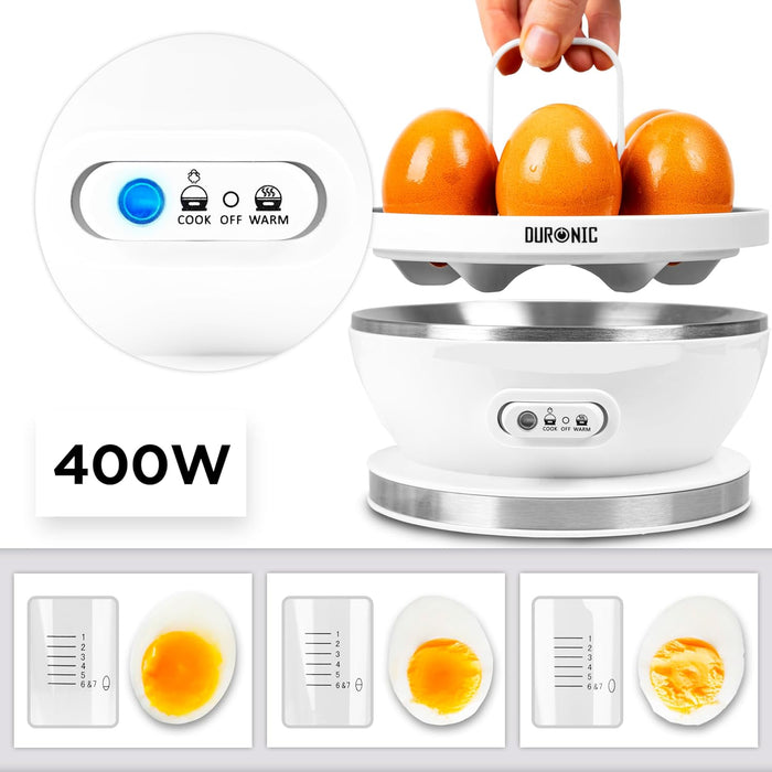 Duronic EB27 WE Hervidor de huevos | 400W potencia | 7 huevos | Huevos duros, huevos mollet, huevos pasados por agua | Avisador sonoro | Función mantener caliente | Protección contra hervido en seco