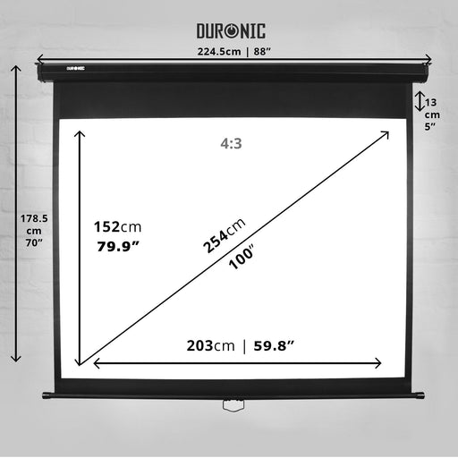 Duronic MPS100 43 Pantalla para Proyector Enrollable Manual 100 | Formato 4:3 | Instalación en techo y pared | Full HD y 3D | Barra de peso Antiarrugas