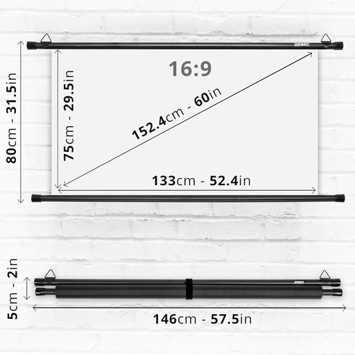 Duronic BPS60 Pantalla de Proyector 60" HD 16:9, 152 cm, Ligera y Montable, Ideal para Cine en Casa y Oficina | Compatible con 4K UHD, Full HD 1080P 3D | Dimensiones 133 x 75 cm