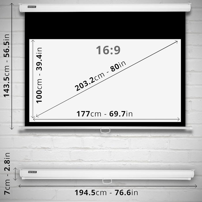 Duronic MPS80 16/9 WE Pantalla de proyección de TV y cine en casa de 80 pulgadas 203 cm | 177 x 100 cm | Montaje en pared o techo | Desenrollado manual | Ganancia +1 ideal para 3D 8K 4K 1080P