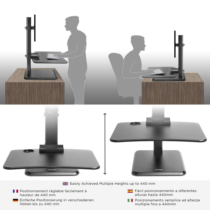 Duronic DM05D14 BK Mesa para ordenador | Escritorio Ajustable de 17 a 44cm con brazo de escritorio | Hasta 2 kg | Bandeja para teclado | Plataforma para Monitor | Trabaja de pie y sentado