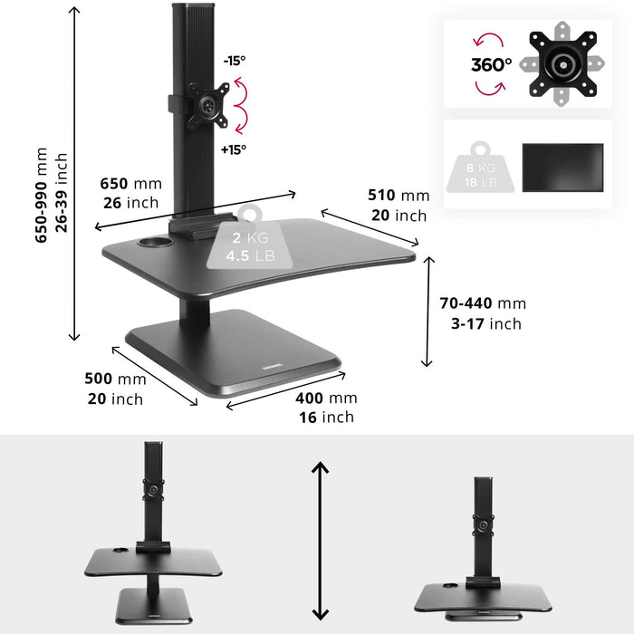 Duronic DM05D14 BK Mesa para ordenador | Escritorio Ajustable de 17 a 44cm con brazo de escritorio | Hasta 2 kg | Bandeja para teclado | Plataforma para Monitor | Trabaja de pie y sentado