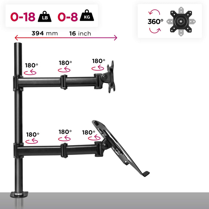 Duronic DM25L1X1 BK Brazo para Monitor de 13" a 27 de hasta 8kg + Plataforma suplementaria para portátil o Teclado | Cabezal VESA 75 y 100 Inclinable y Rotatorio | Altura 60cm | Soporte Color Negro