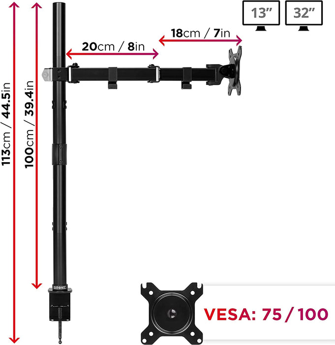 Duronic DMT151X3 Brazo para Monitor | para Pantalla de 13 a 32" y 8 kg de Capacidad | Cabezal VESA 75 y 100 Giratorio e inclinable -15 °+ 15 °| 100cm de Altura Ajustable | Brazo Extensible