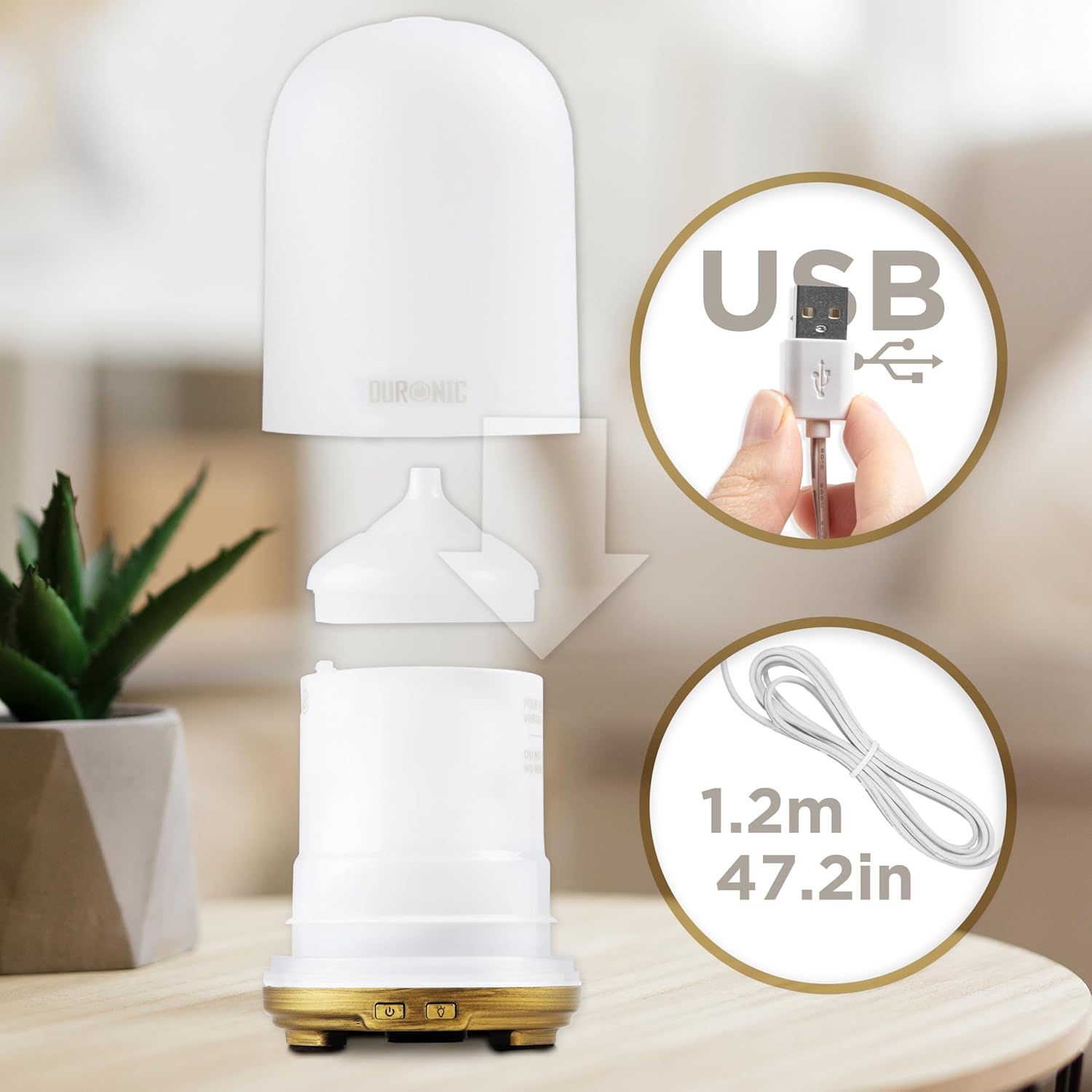 Duronic AD11 Difusor Aromas USB portátil, Brumizador aceites Esenciales, Purificador Aire Natural, Humidificador aromaterapia. Hogar Bienestar Relajación Descanso Perfume