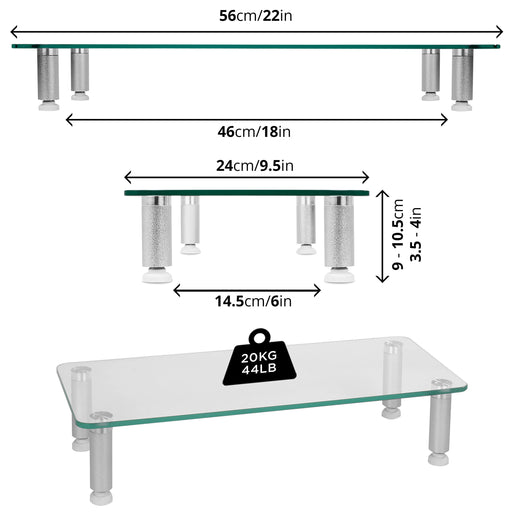 Duronic DM052 1 Elevador para Pantalla|Patas Regulables Antideslizantes y Superficie de 56 x 24 cm | Hasta 20 kg | Cristal | Soporte ergonómico para Oficina Escritorio Ordenador Portátil Televisor