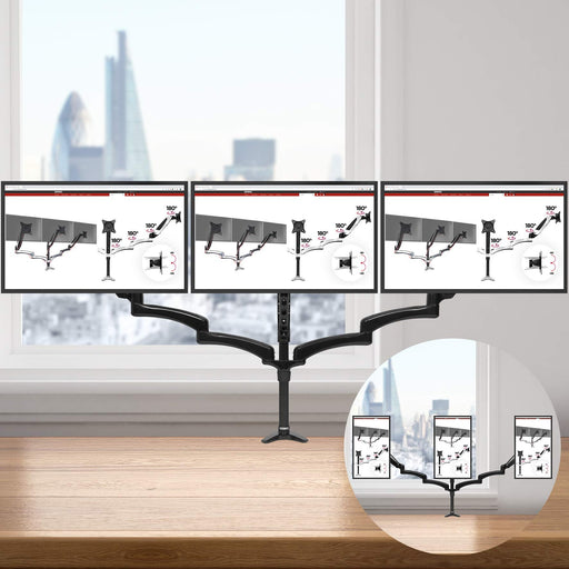 Duronic DM553 BK Brazo para Monitor doble para 3 pantallas 15" a 27" de 5kg cada | Altura 41cm Ajustable Cabezal VESA 75 y 100 Giratorio Inclinable -90°+85° | Brazo extensible 85cm | Soporte Triple Brazo