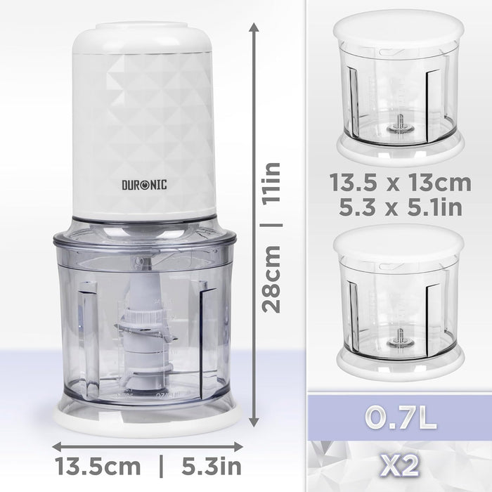 Duronic CH57 WE Mini Picadora 500W con 2 Recipientes de 700 ml con Tapa, Robot de Cocina para Verduras, Frutas, Frutos Secos y Especias, Permite Preparar Salsas, Purés y Comida para Bebé