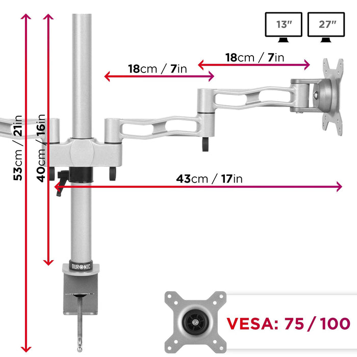 Duronic DM352 SR Brazo para Monitor doble de 13" a 27" y 8 kg por Pantalla | Altura ajustable de 40cm y Cabezal VESA 75 y 100 Giratorio e Inclinable ±15° | 2 Brazos Extensibles y Giratorios hasta 36cm