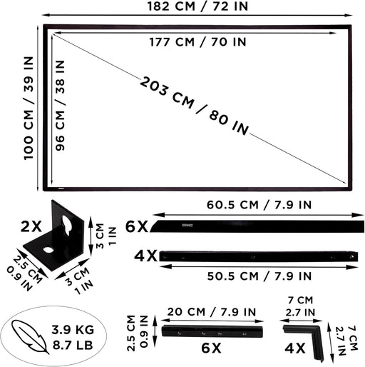 Duronic SFPS80 16:9 Pantalla de proyección de 80 Pulgadas Pantalla para proyector para el hogar 4K Full HD 3D Cine de Noche Oficinas Conferencia Aula Escuela Montaje en Pared o trípode Opcional | Mostrando el diagrama técnico de dimensiones y componentes de la pantalla de proyección, incluyendo las medidas totales de la estructura (182 cm / 72 in de ancho por 100 cm / 39 in de alto), la diagonal de 80 pulgadas (203 cm) y los accesorios de montaje incluidos con su peso total de 3.9 kg / 8.7 lb