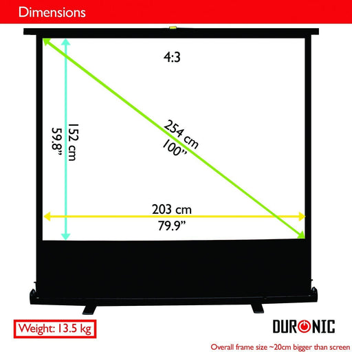 Duronic FPS100 43 Pantalla para Proyector con Pie de Apoyo 100 | Formato 4:3 | Full HD y 3D | Antiarrugas y Sistema de Suspensión Transportable