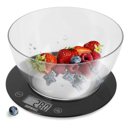 Duronic KS7000 Báscula de cocina digital de 20 cm diametro | Pantalla LCD con iluminación en azul | Peso máximo 10kg | Bol de 2L | Función tara | Mide en gr, lb, oz y ml - Color negro