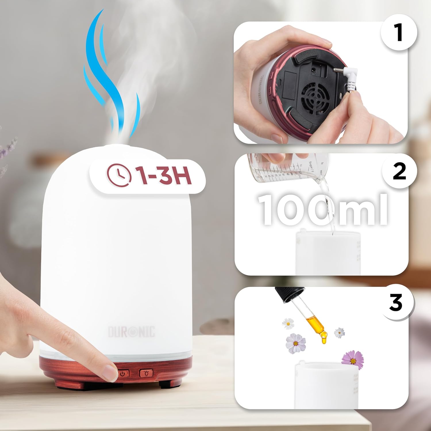 Duronic AD12 Difusor Aromas USB portátil, Brumizador aceites Esenciales, Purificador Aire Natural, Humidificador aromaterapia. Hogar Bienestar Relajación Descanso Perfume