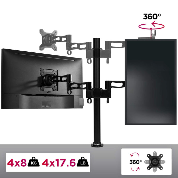 Duronic DM354 BK Brazo para Monitor Cuadruple de 13" a 27" | Para 4 pantallas de 8kg máx | 4 Brazos Extensibles Rotativos 180º| Altura Ajustable 60cm | Cabezal VESA 75 y 100 Giratorio inclinable ± 15°