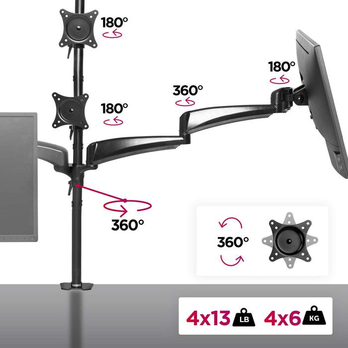 Duronic DM453VX1 Brazo para monitor de 13" a 27" | Para 4 Pantallas de 6kg máx | Altura Ajustable de 80 cm Giratorio y 78cm cada brazo | Inclinable -90°+85° | Soporte para 4 Pantallas TV LED LCD