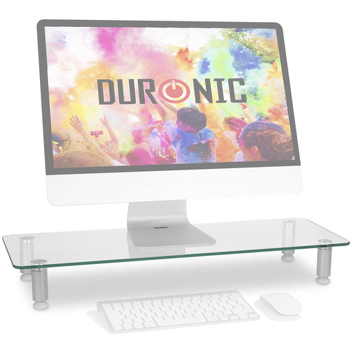 Duronic DM052 3 Elevador para Pantalla|Patas Regulables Antideslizantes | Superficie de 70x24cm | Hasta 20kg | Cristal plata| Soporte ergonómico para Oficina Escritorio Ordenador Portátil Televisor