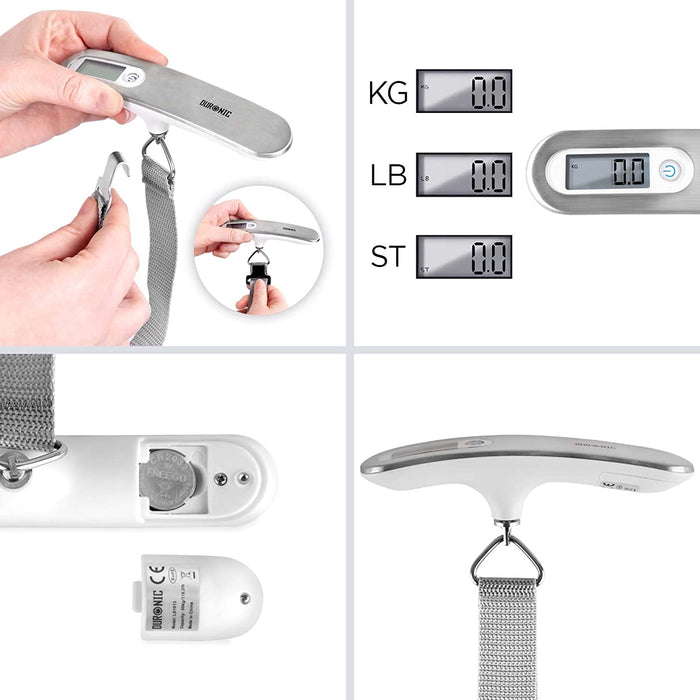 Duronic LS1013 Báscula para Equipaje Digital | Pantalla LCD y Capacidad de hasta 50kg para Maletas | Correa de nailon y Pesaje Instantaneo | Balanza Ergonómica | Mochila de Viaje Pesca | Plateado