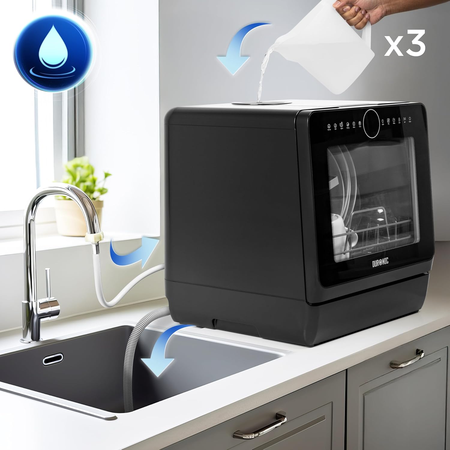 Duronic DW5 BK Lavavajillas de sobremesa 950W Lavavajillas de encimera, Mini Lavavajillas portátil compacto, Ahorrar espacio en cocinas pequeñas, 7 programas de lavado, Secado eficaz práctico