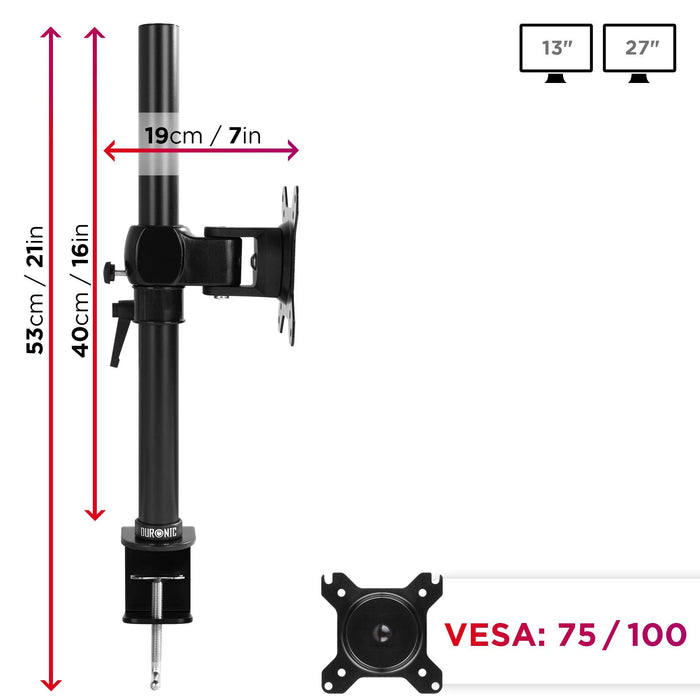 Duronic DM351X1 BK Brazo para Monitor de 13" a 27" | 10 kg máx por pantalla | 2 Brazos Extensibles VESA 75 y 100 Movimiento Lateral 180° | Altura Ajustable y Cabezal Giratorio 360° e Inclinable ± 15°