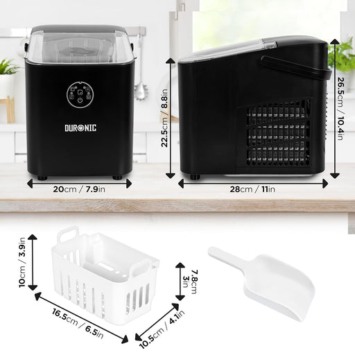 Duronic ICM12 BK Máquina de hielo automática 120W | 8 cubitos en 6 a 8 minutos | Cesta de 1 litro y pala de hielo | Depósito de 1 litro | Hielo para bebidas frías cócteles fiestas