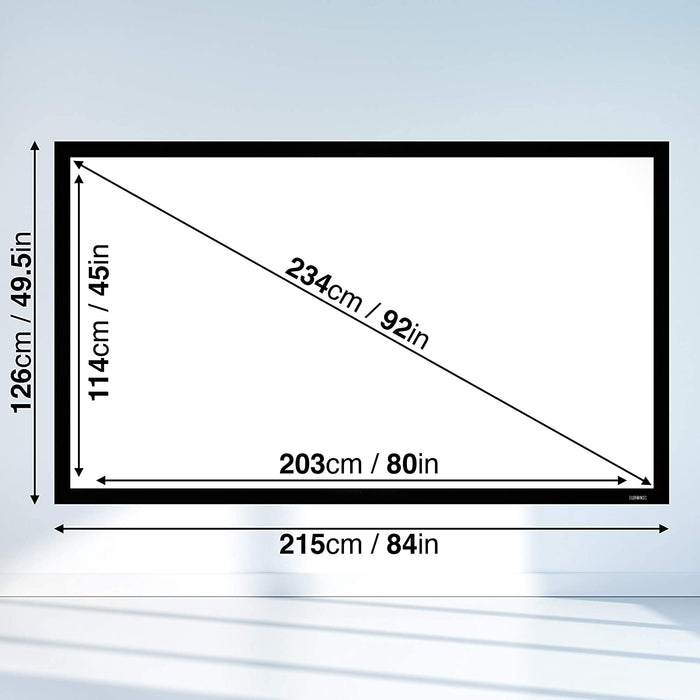 Duronic FFPS92 Pantalla para proyector con Marco para Instalación Fija | 92" y Dimensiones de 203 x 114 cm | Formato 16:9 4K Full HD 3D | Doble Tela y Parte Trasera en Negro | Ganancia +1