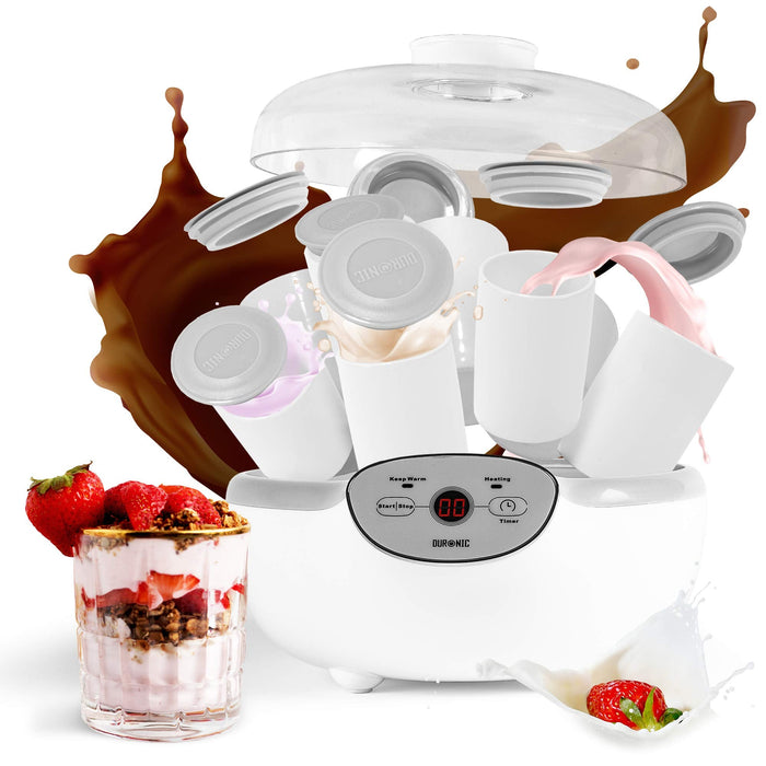 Duronic YM2 Yogurtera de 20W Capacidad para 8 Tarros de Cerámica 125ml y Tapa Transparente Antiderrame | Partes aptas para lavavajillas | Temporizador y Autoapagado | Máquina de Yogures Caseros Postre