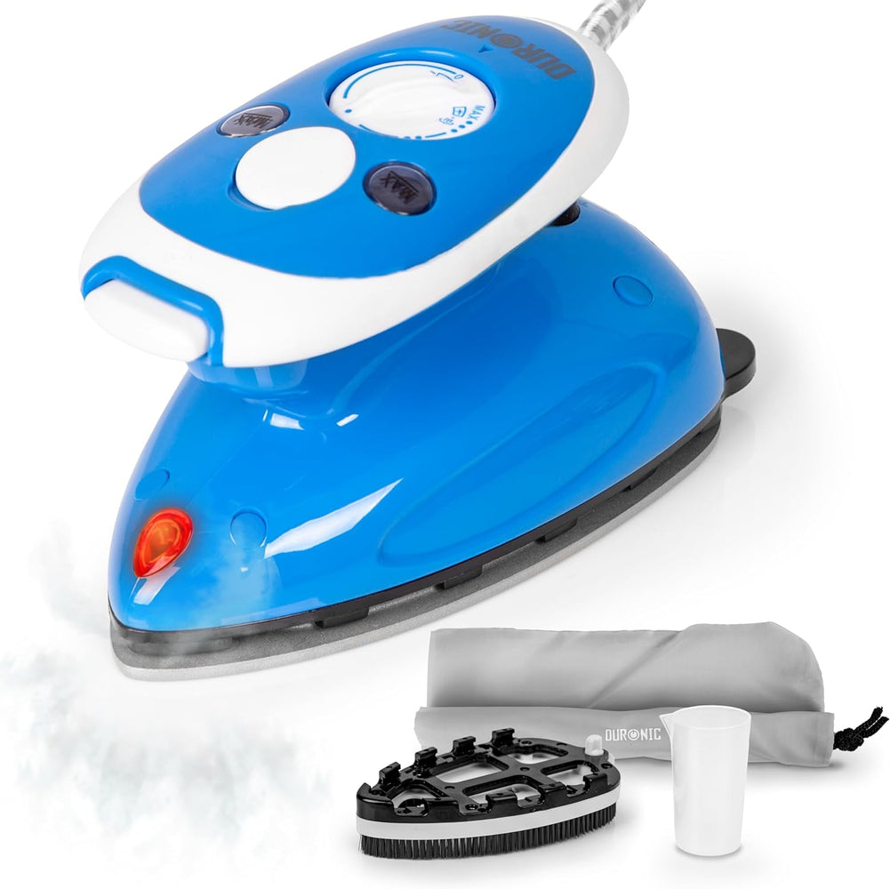 Duronic SI2 BE Plancha de viaje con función vapor | Potencia 375 W | Plancha ligera y compacta 762g | Depósito 50 ml | Incluye cepillo, base, bolsa de transporte y vaso dosificador | Color Azul